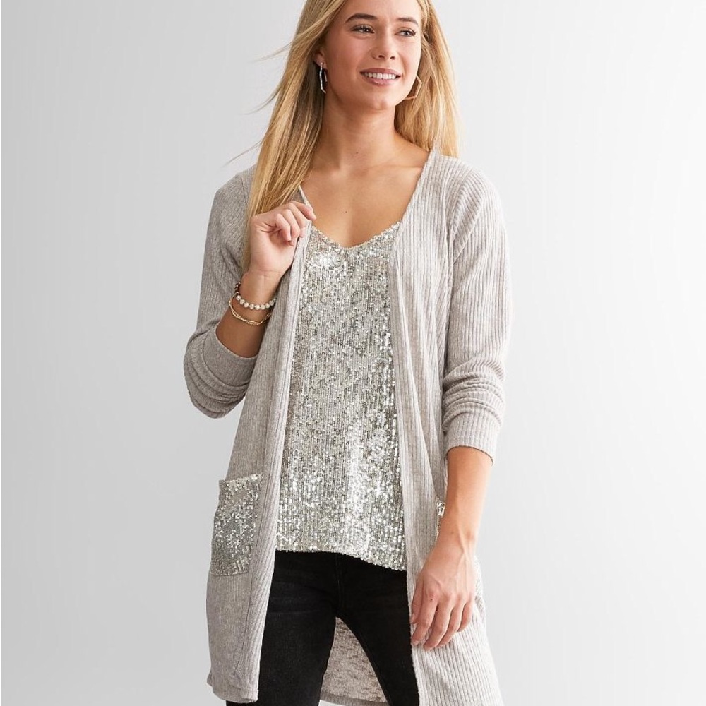 Ribbed Knit Cardigan with sequined camisole
